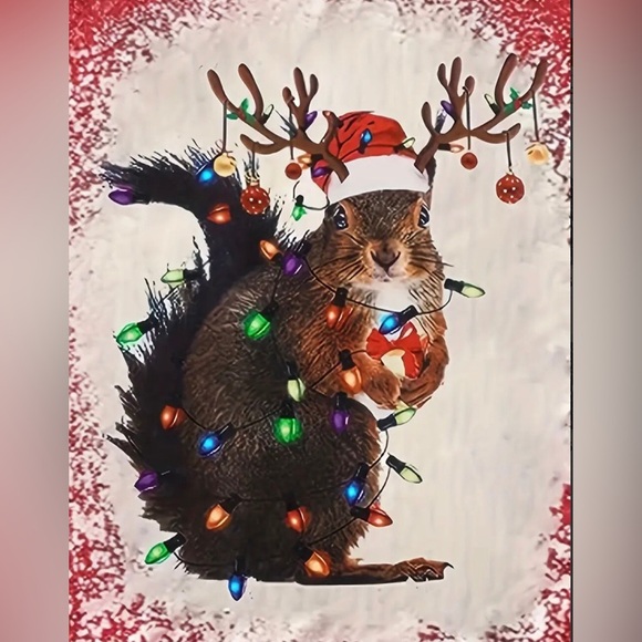 Womens Christmas Santa Squirrel Tangled in Lights Red Bleached T-Shirt - Picture 2 of 10